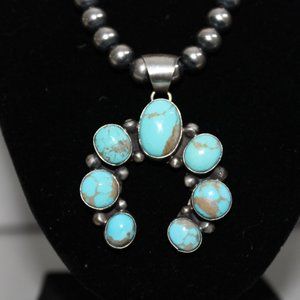Signed Native American Navajo Kingman Turquoise Pendant with necklace